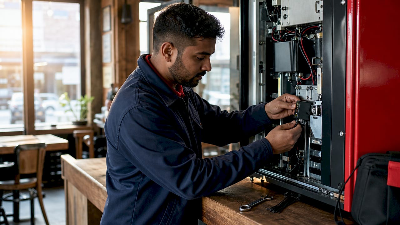 Technician connecting telemetry device to vending machine