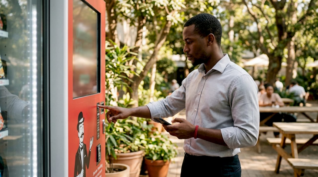 Man choosing drink at vending machine hallway