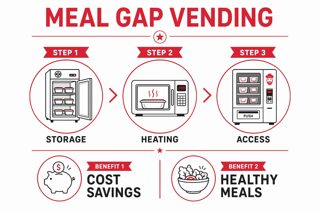 Infographic illustrating meal gap vending steps and benefits