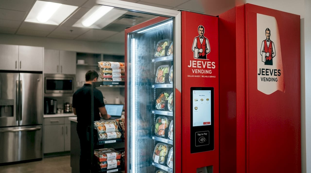 Close-up of fresh meals inside smart vending machine
