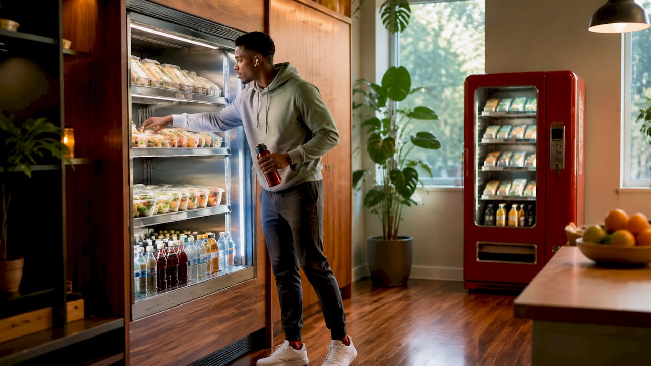 Employee choosing snack in micro-market cooler