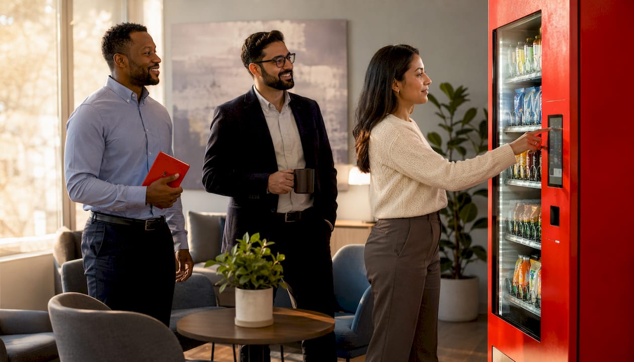 Office workers using vending machine in lounge