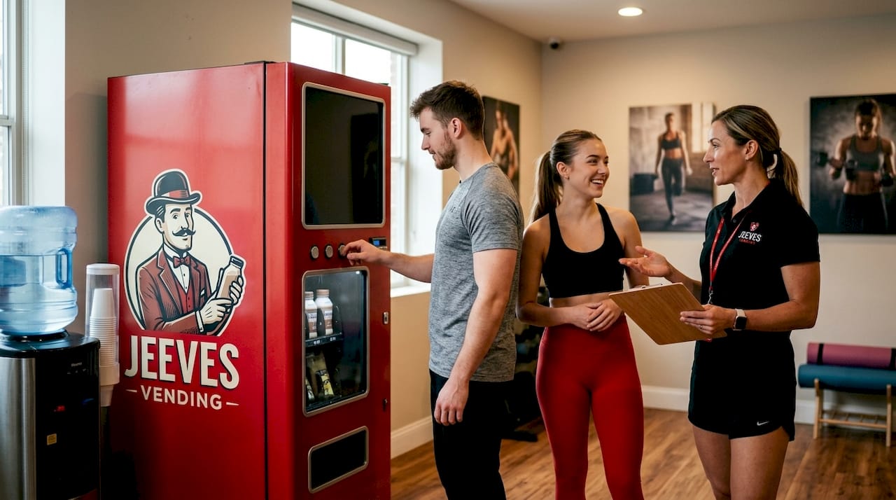 Gym members using vending machine with contactless payment