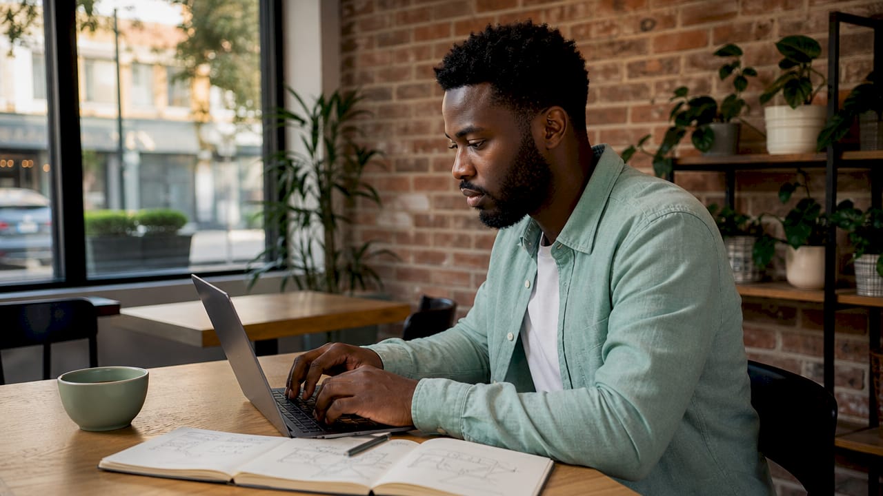 Un bureau sur lequel quelqu’un rédige à l’ordinateur, accompagné de quelques notes éparpillées.