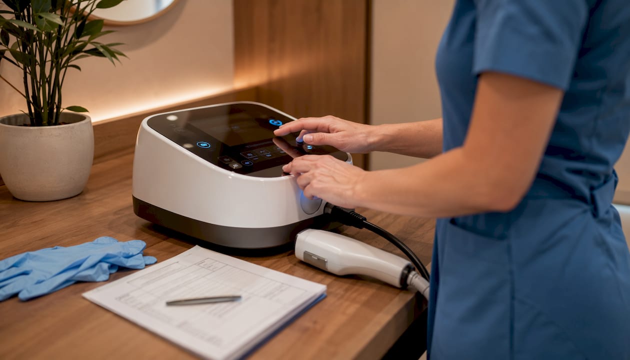 Close-up of laser hair removal device and technician's hands