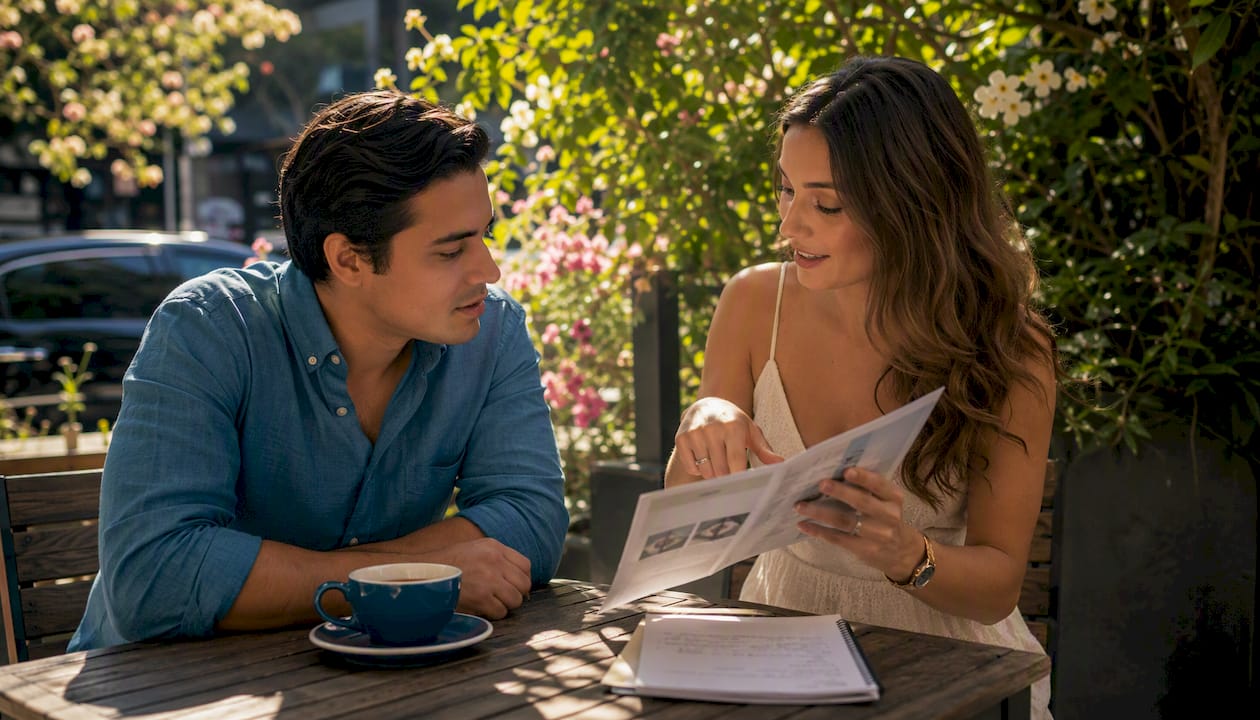 Couple reviewing HydraFacial membership brochure