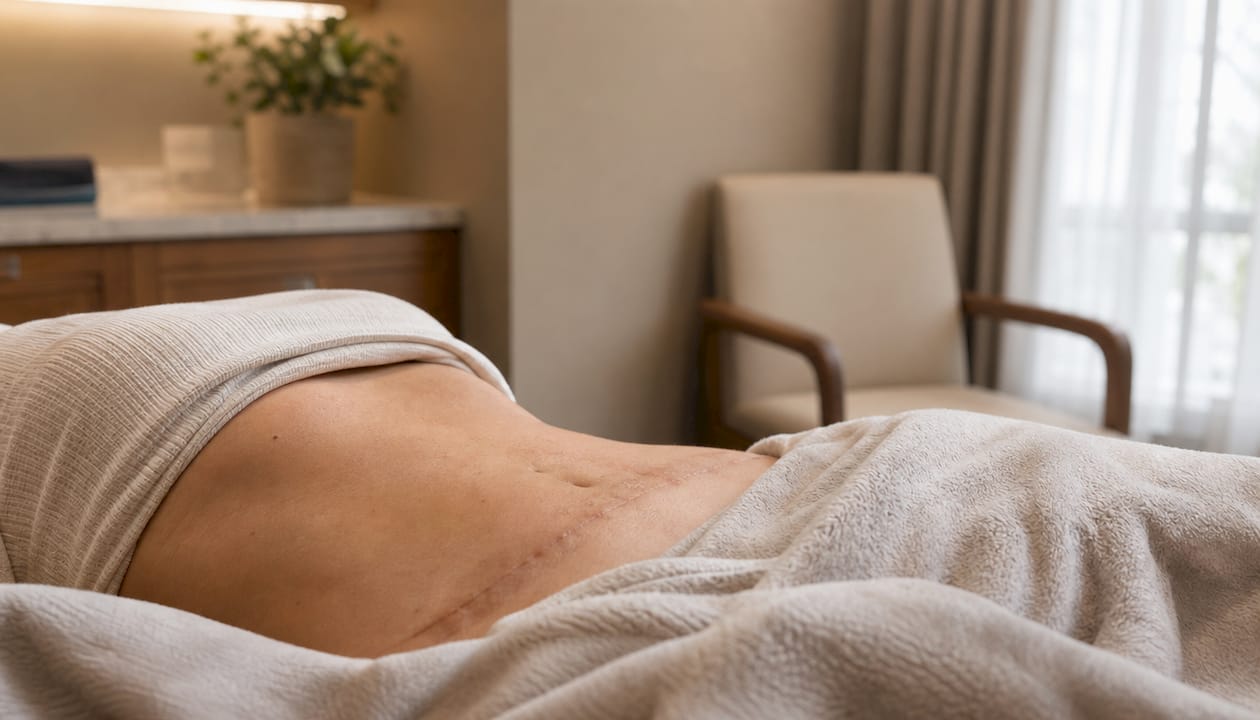 Healed surgical scars on abdomen after skin removal
