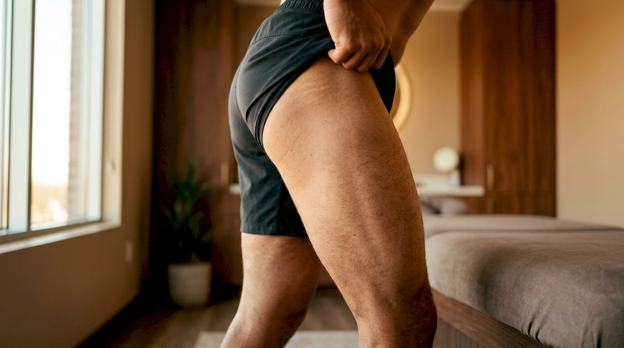 Close-up of toned thigh muscle and skin