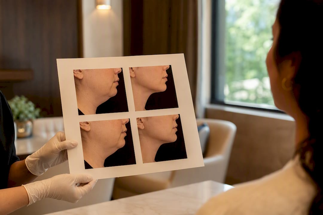 Profile before and after double chin CoolSculpting photos