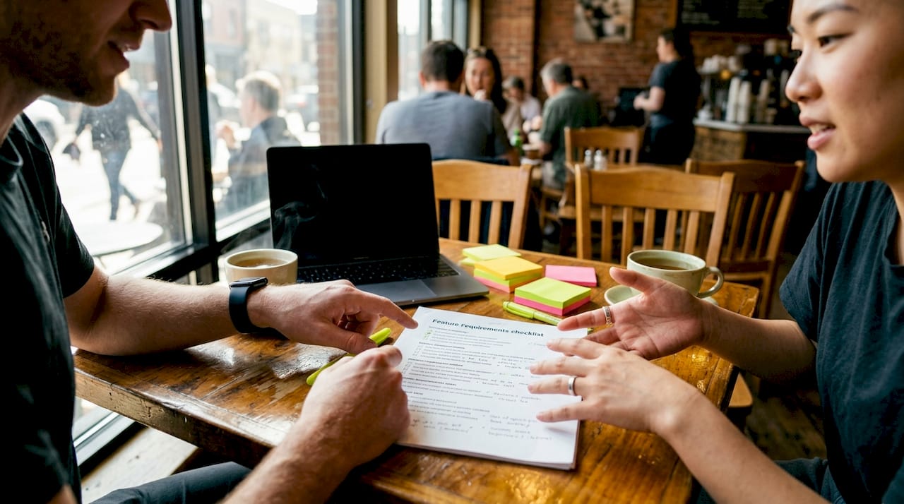 Hands reviewing SaaS feature requirements checklist