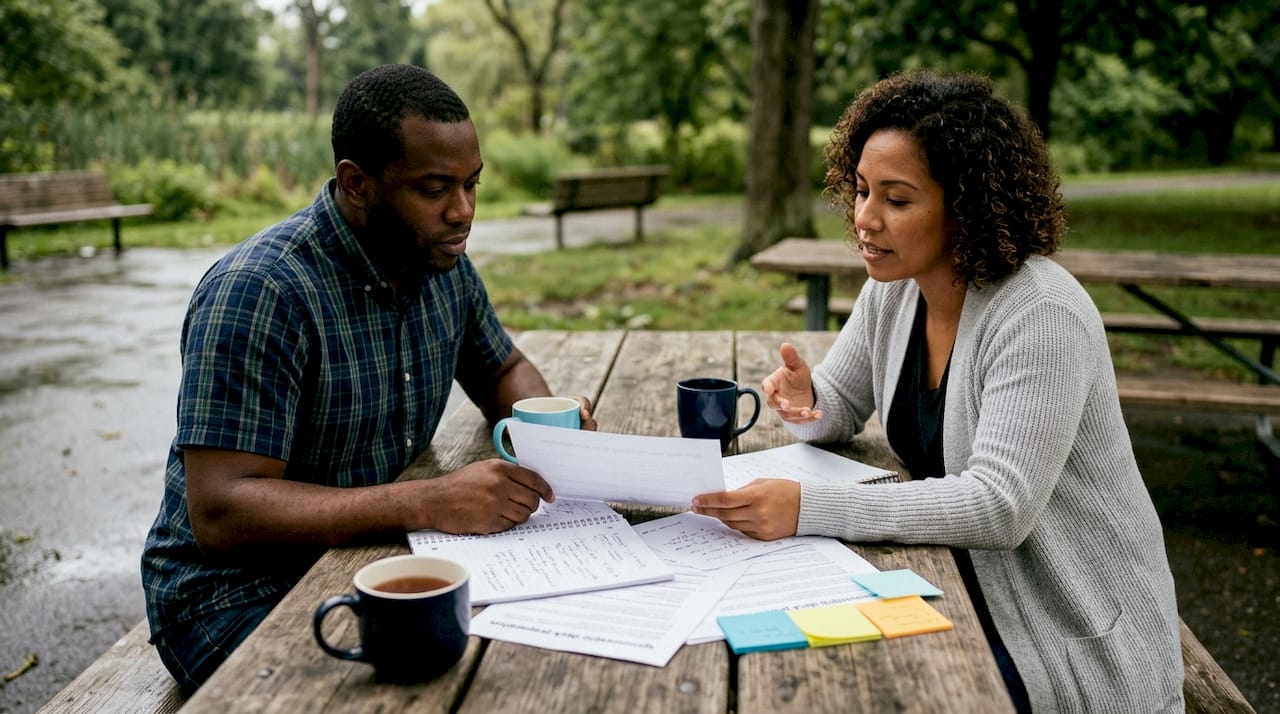 Two community leaders reviewing sponsorship decks