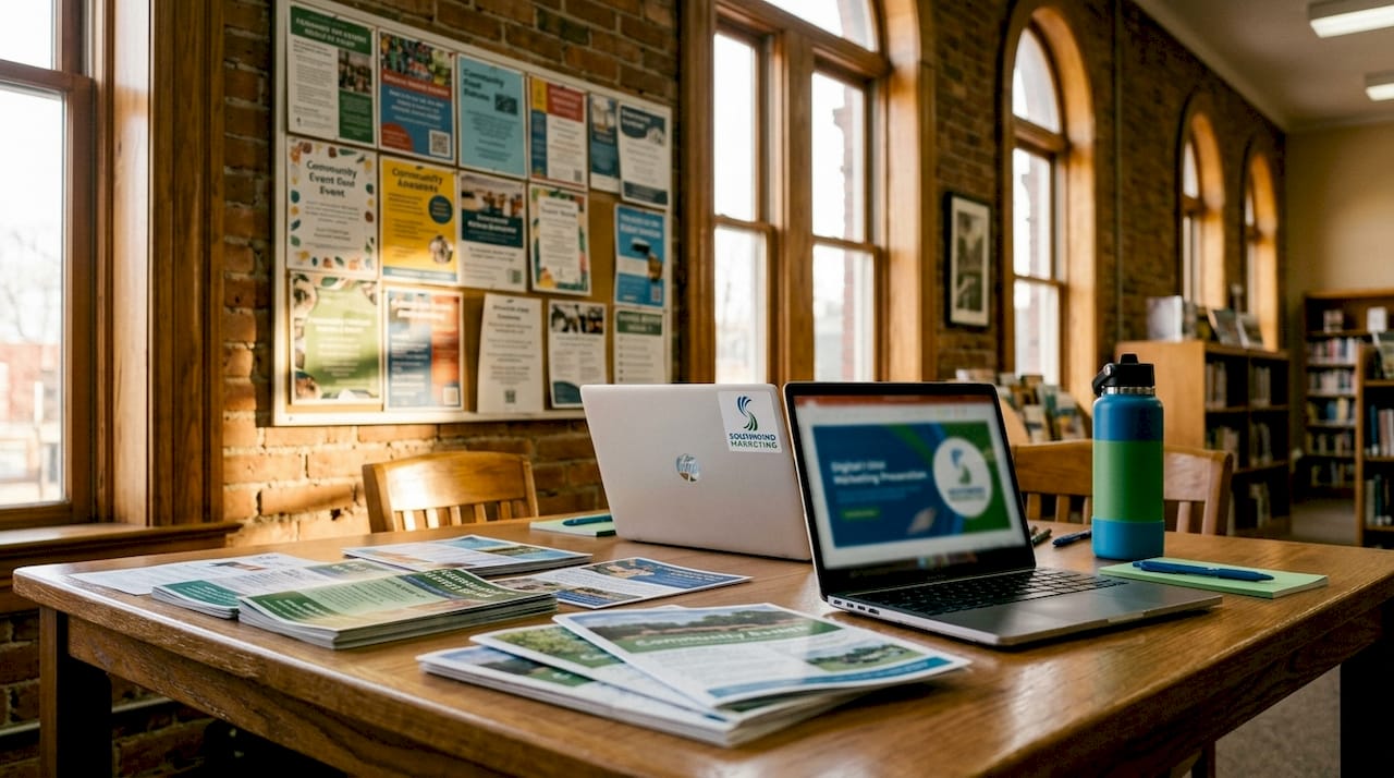 Rural chamber office workspace with marketing materials