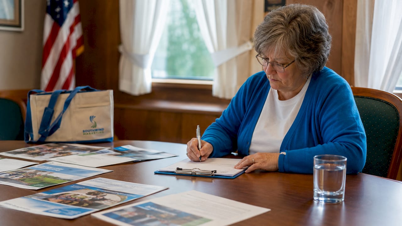 Small town city hall meeting room with clerk taking notes