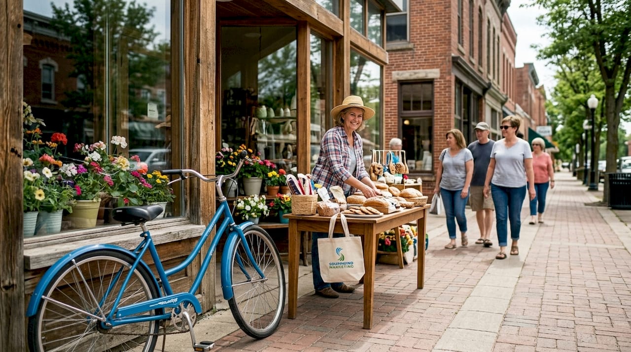 Rural storefront with local business owner arranging produce