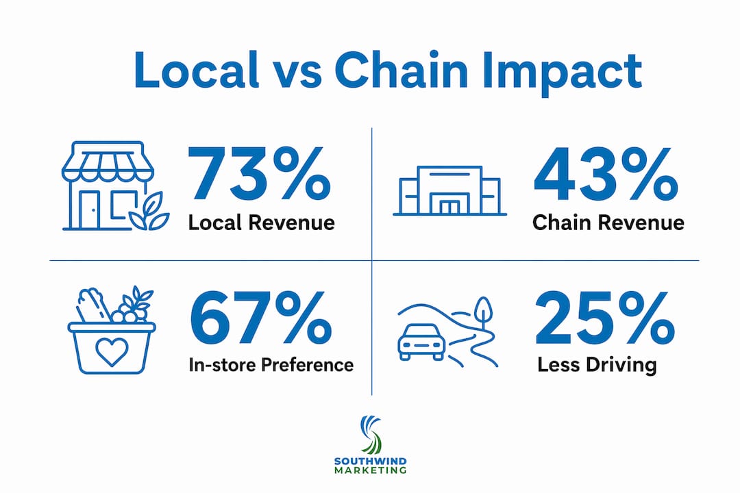 Infographic comparing local and chain store economic impacts
