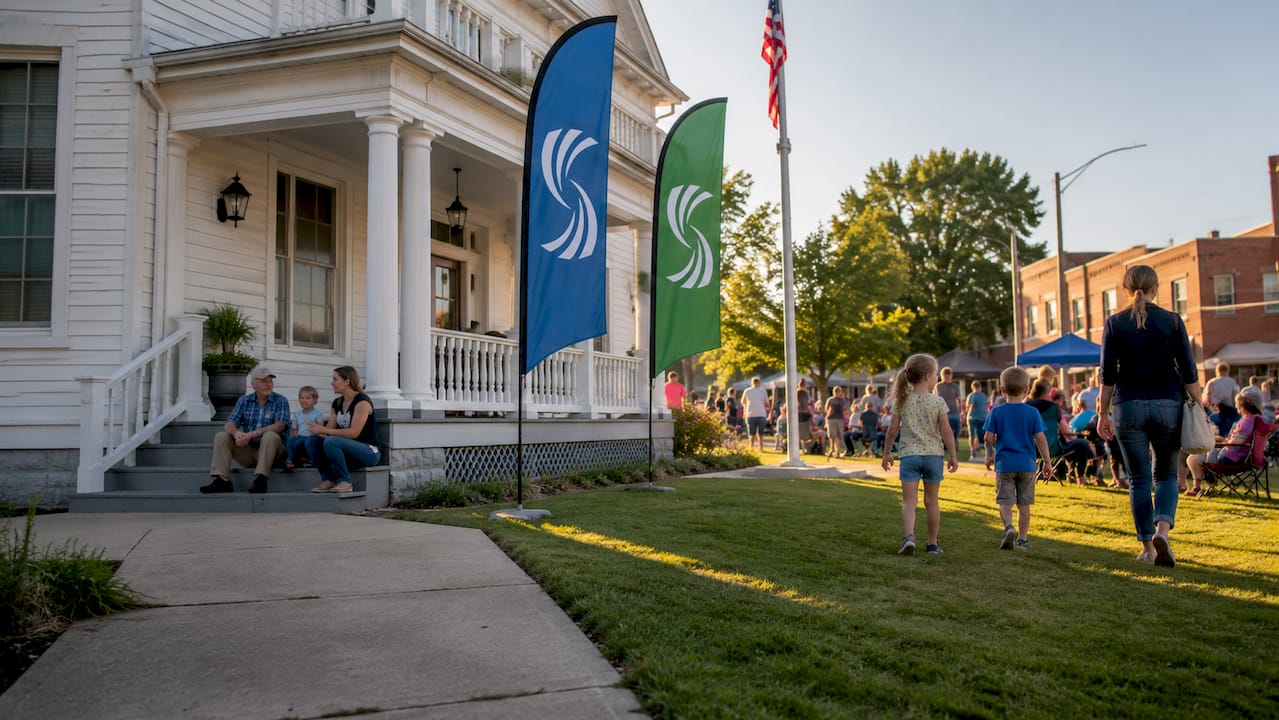 Small-town city hall with community event banners