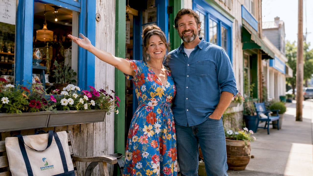 Local business owners outside small-town storefront