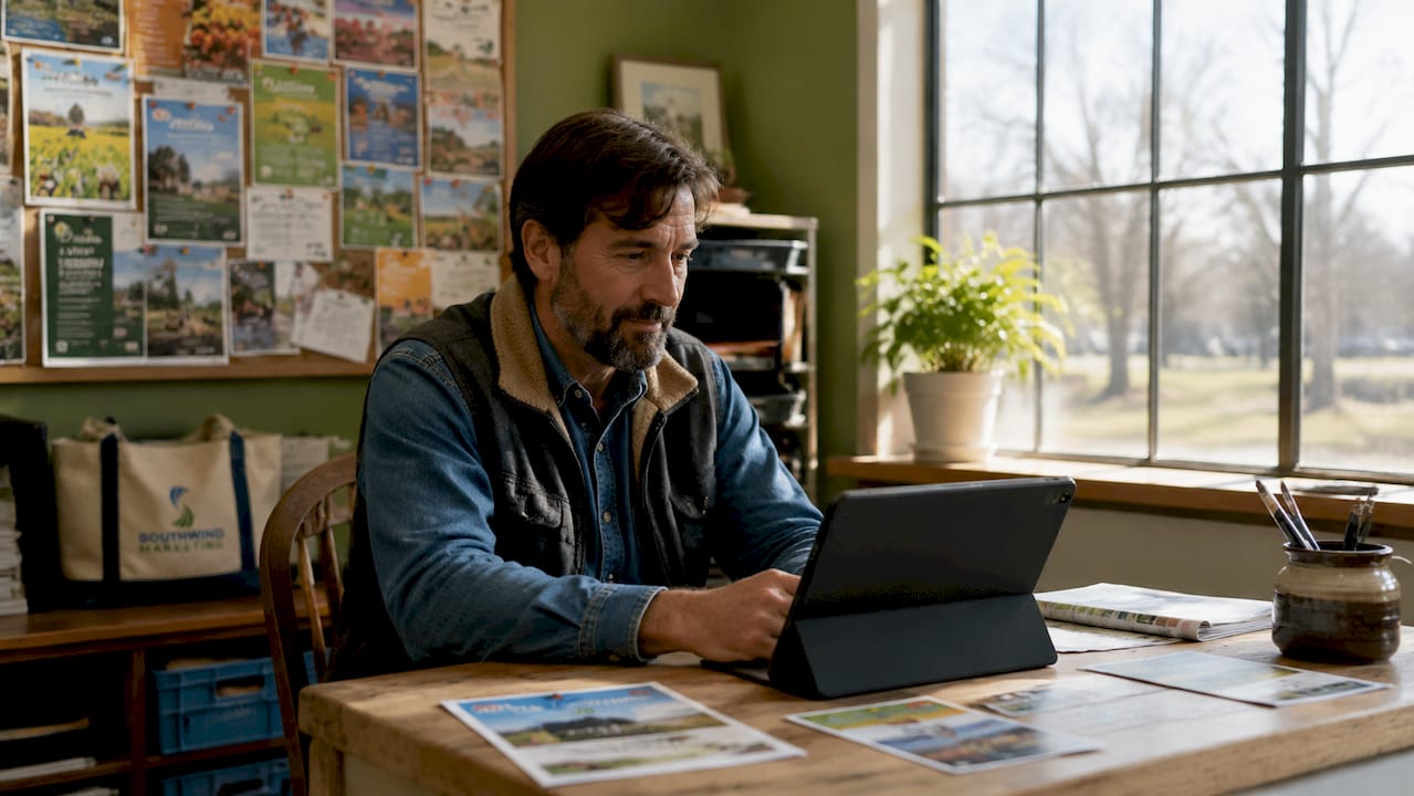 Local businessowner preparing festival digital ads