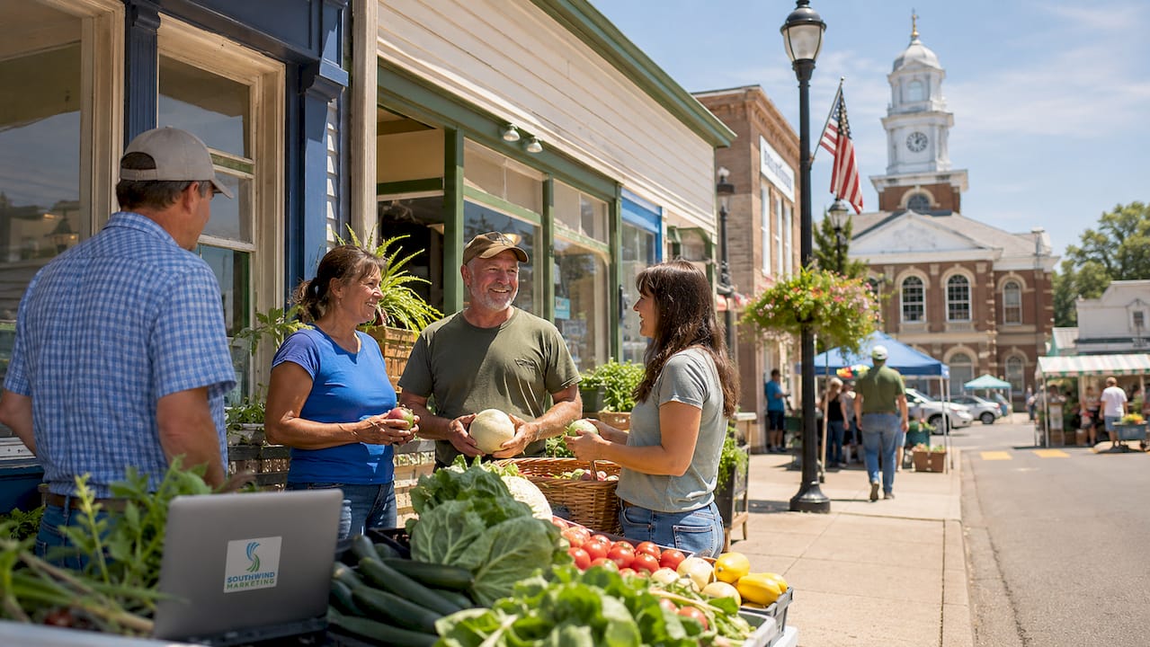 Small town storefront with branded signage and locals