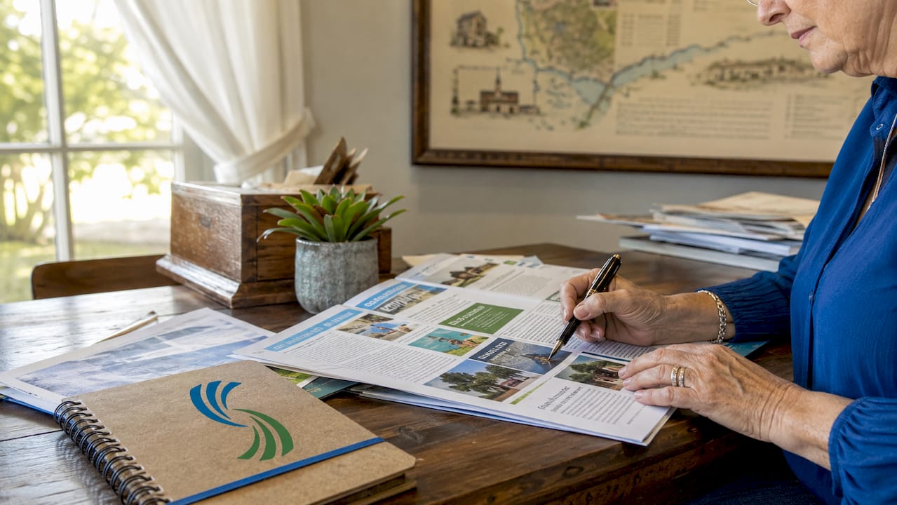 Hands reviewing newsletter in small town chamber office