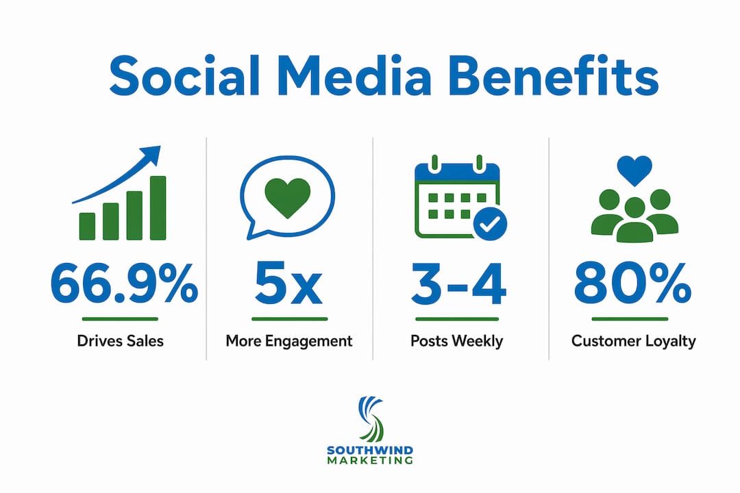 Infographic showing key social media benefits for small businesses