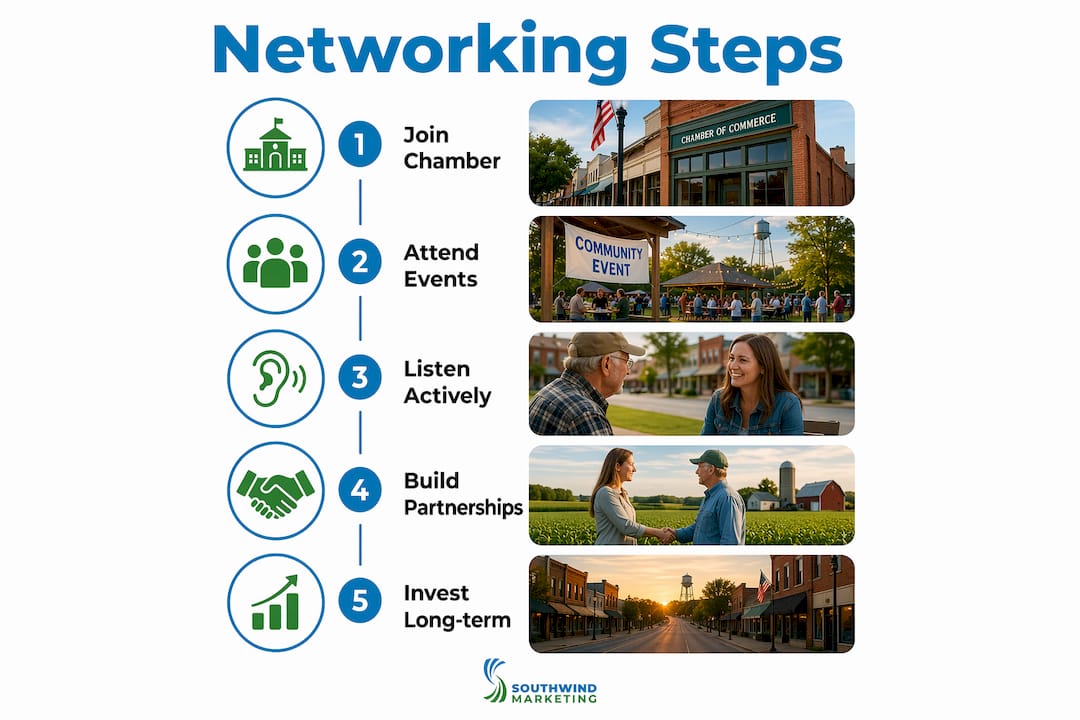 Infographic showing five steps for effective chamber networking