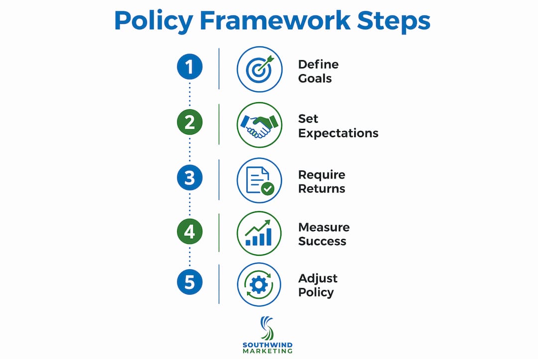 Infographic illustrating policy framework steps in economic development