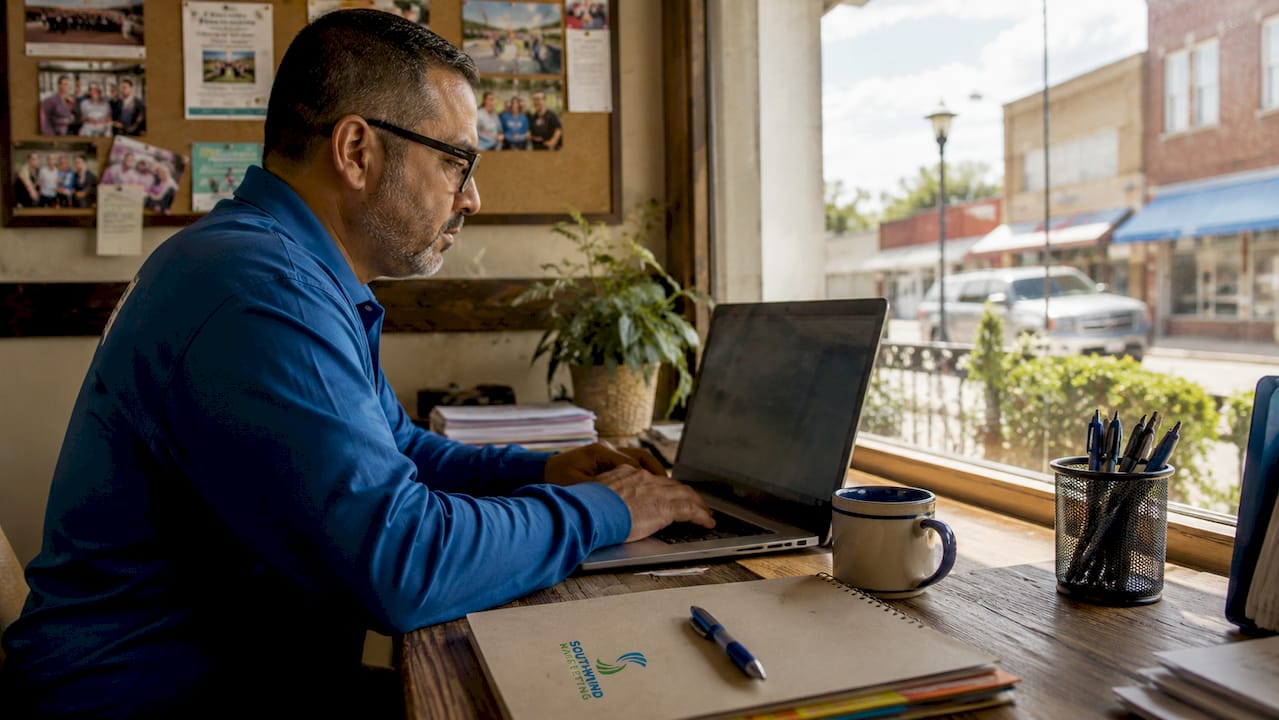 Local business owner reviewing website analytics in storefront