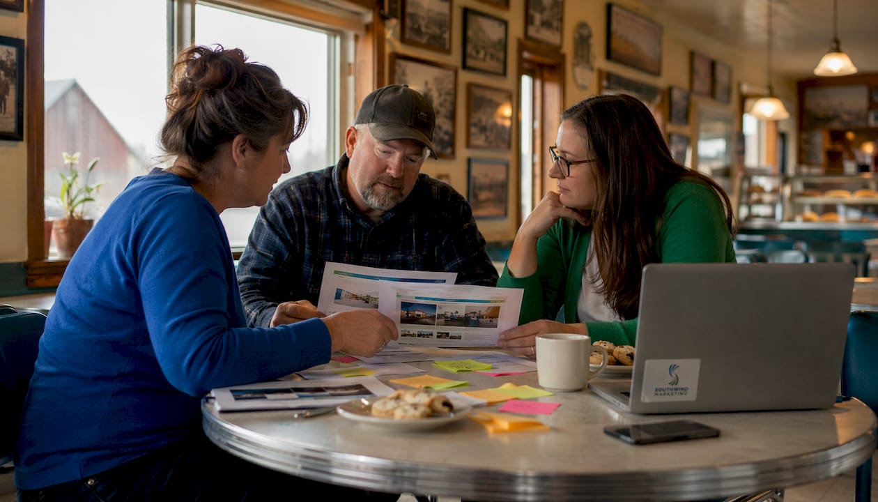 Business owners reviewing website designs in city hall