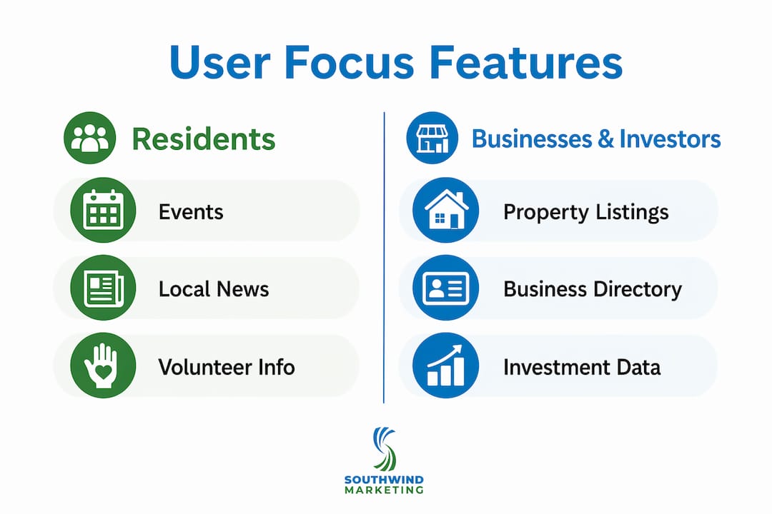 Infographic comparing website features for residents and investors