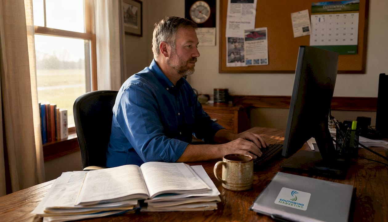 Small town city hall office desk with computer