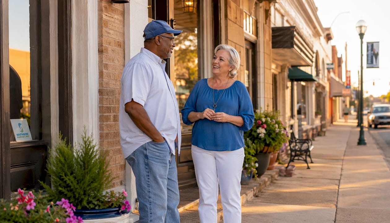 Small town storefront with local business owners