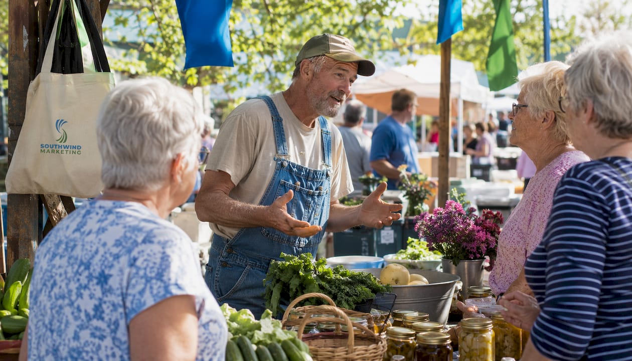 Small town storefront with local farmer and owner