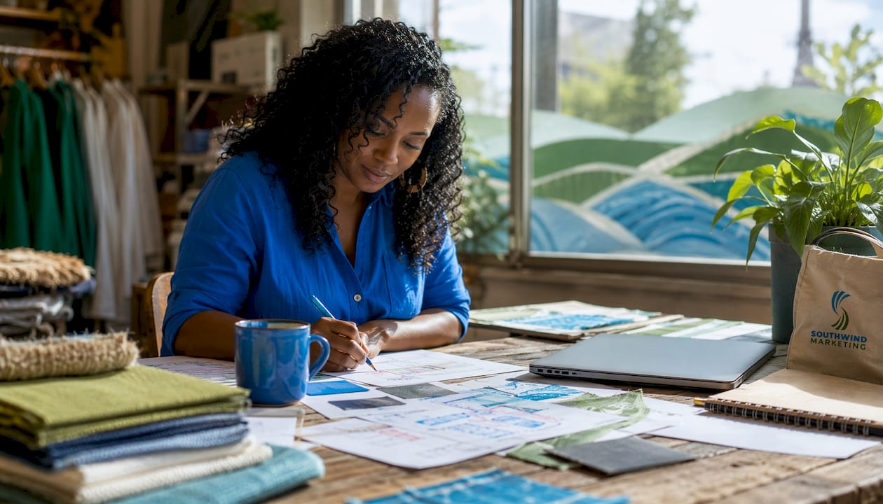 Rural businesswoman reviewing marketing plans