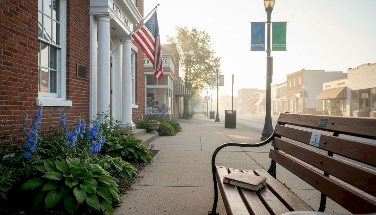 Small town city hall with flags and storefronts