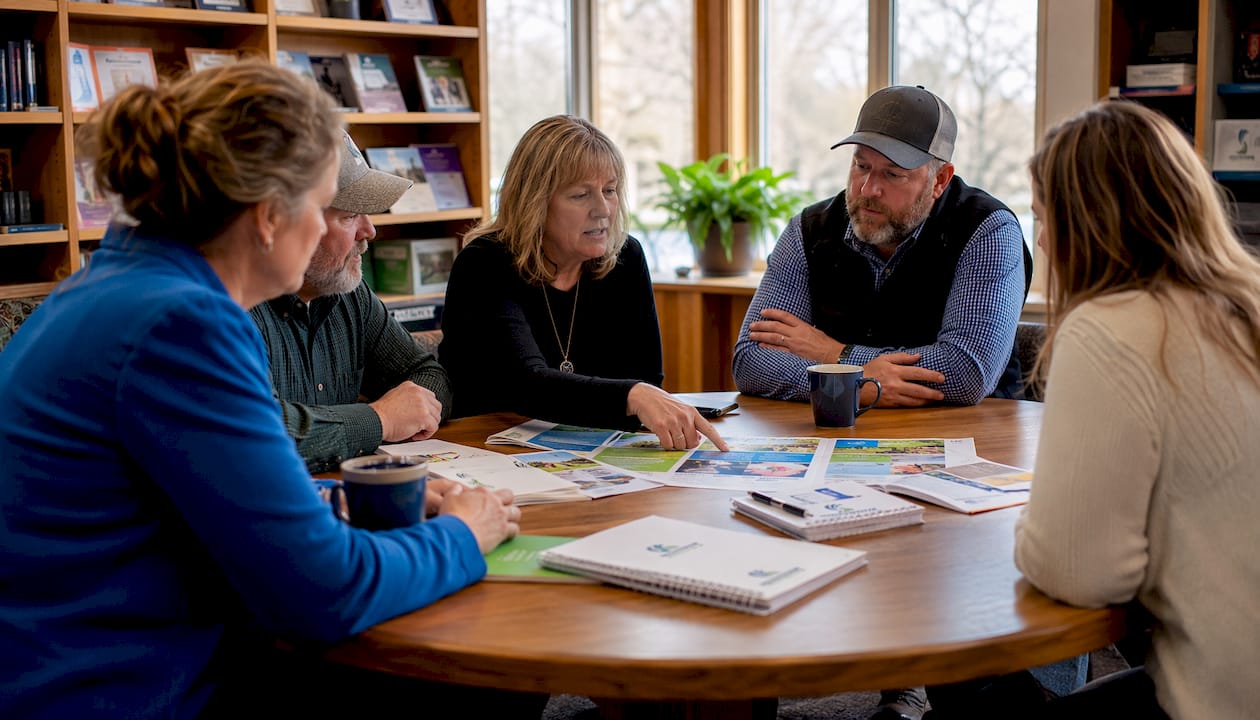 Local business owners discussing marketing plans in community center
