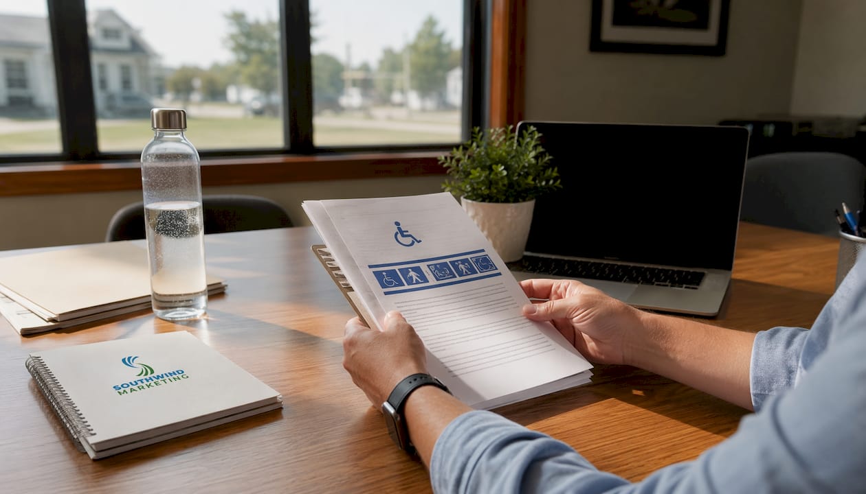 Hands holding ADA guidelines at city hall desk