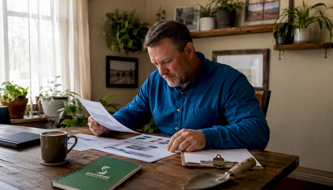 Rural lawn care business owner reviewing marketing materials at desk