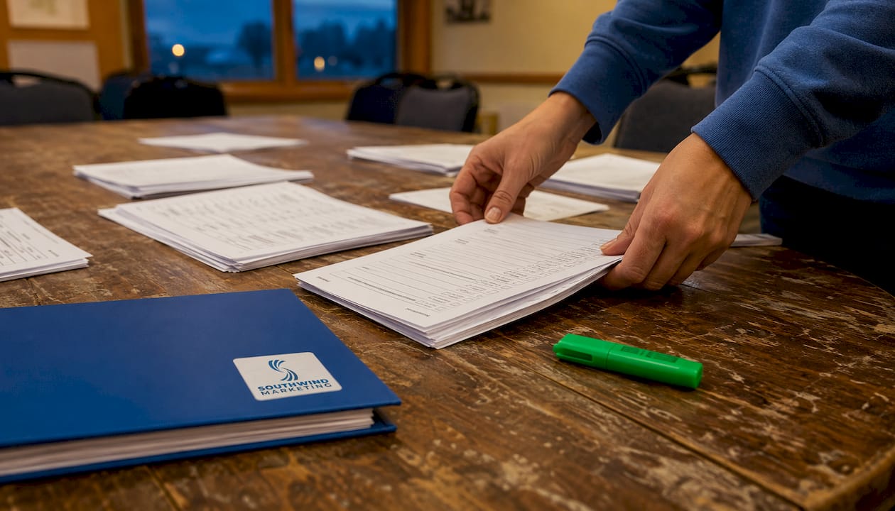 Hands organizing survey forms at rural community meeting