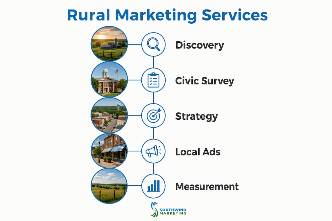 Infographic illustrating five rural marketing service steps