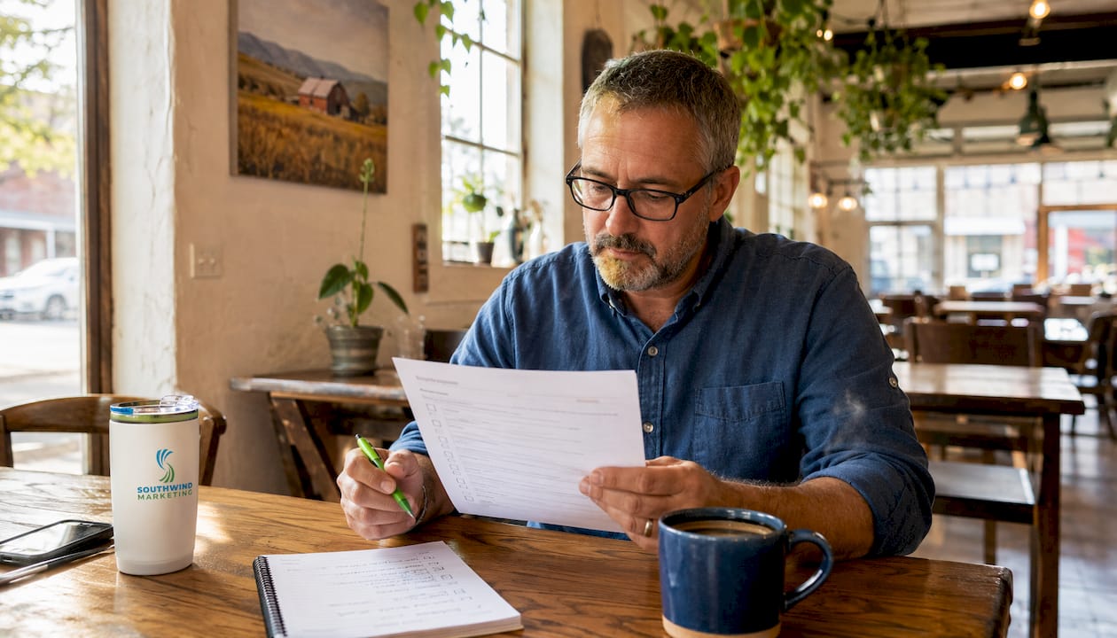 Local business owner reviewing Google Business Profile checklist