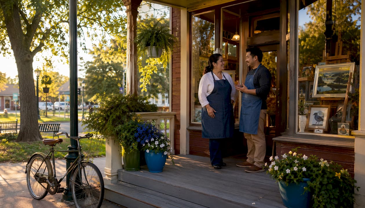 Small town business storefront with owners
