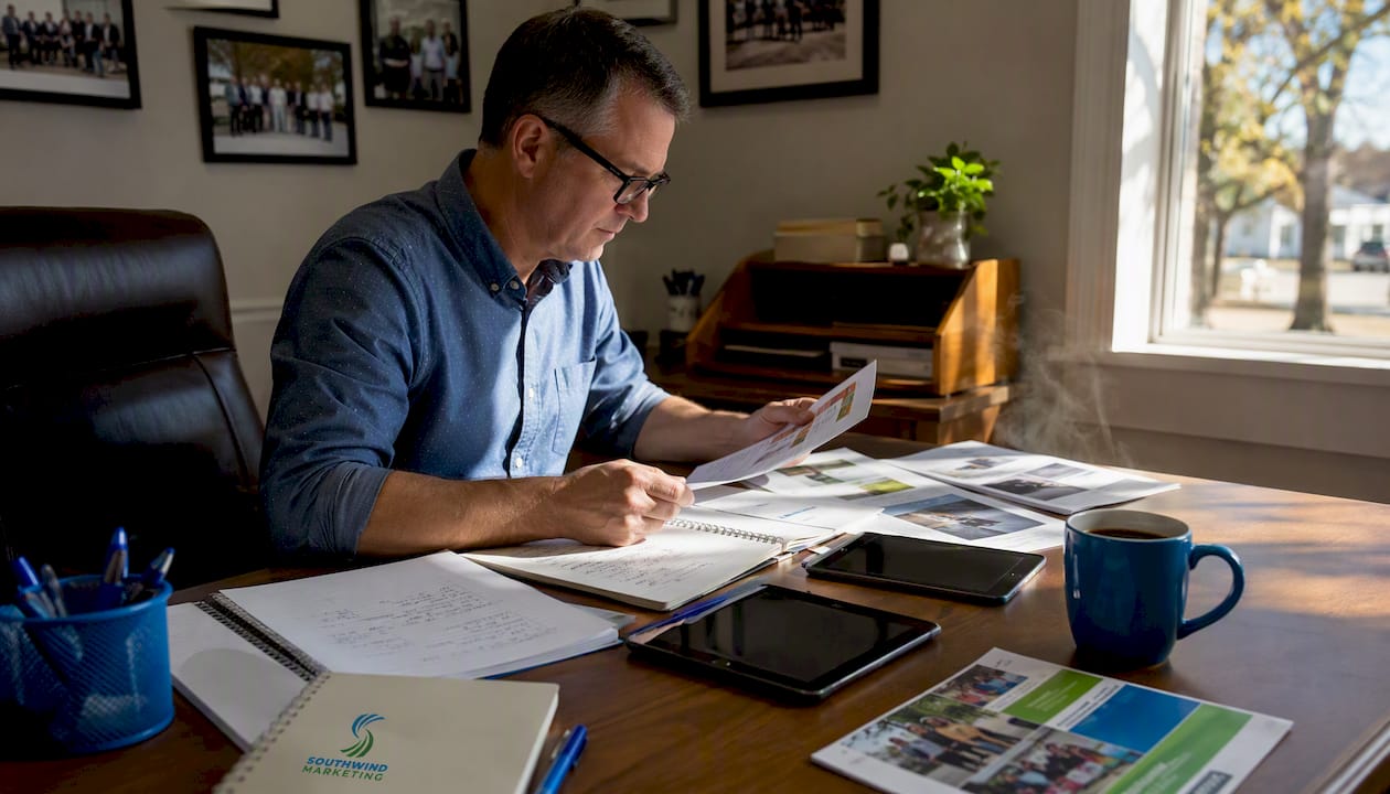 Local marketing director reviewing website plans