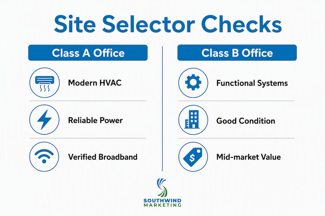 Infographic comparing Class A and B office features for site selectors