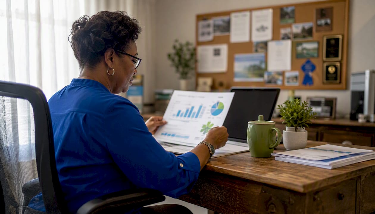 Woman reviewing site data in rural office