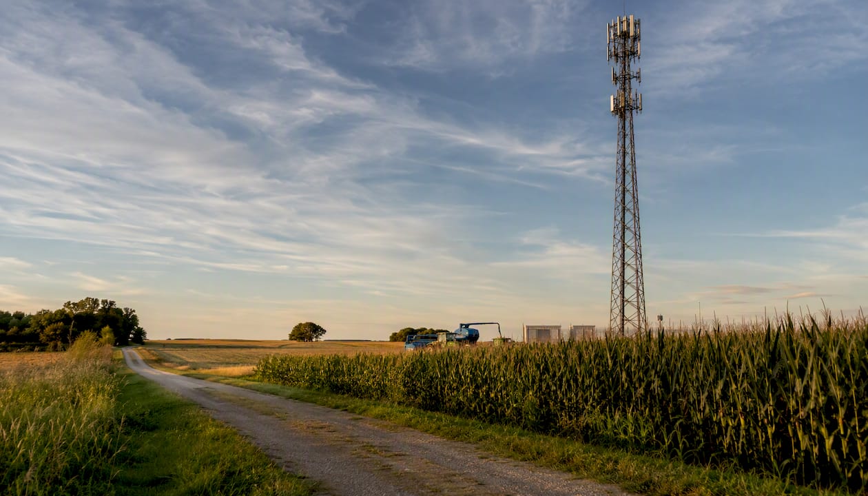 Rural telecom tower near farm fields