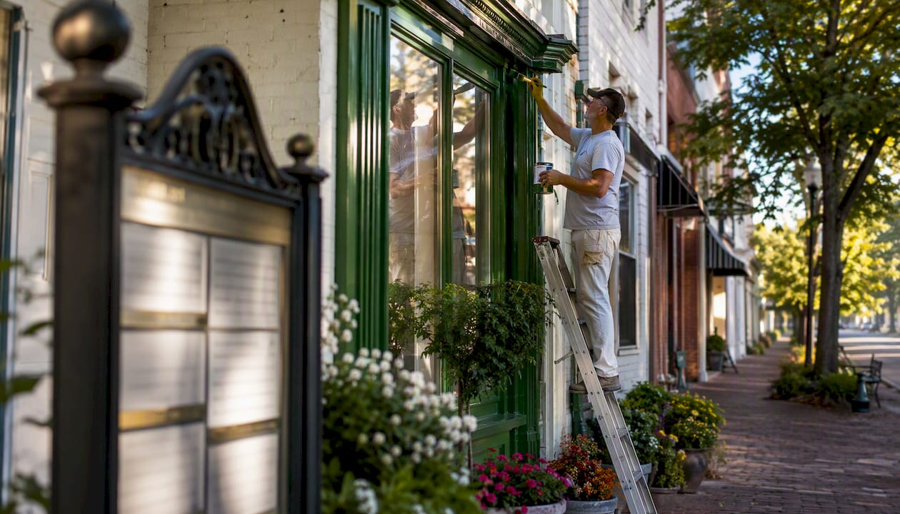 Worker painting storefront facade on Main Street