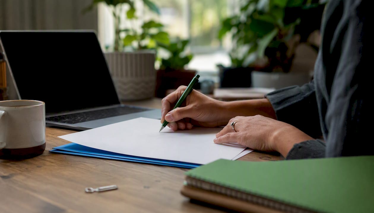 Hands marking contract terms in rural office