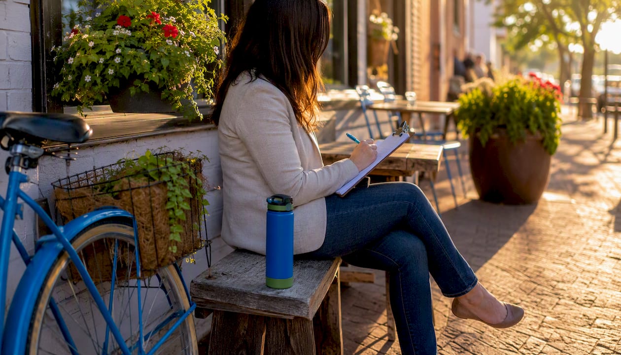Economic development professional listening outdoors in small town