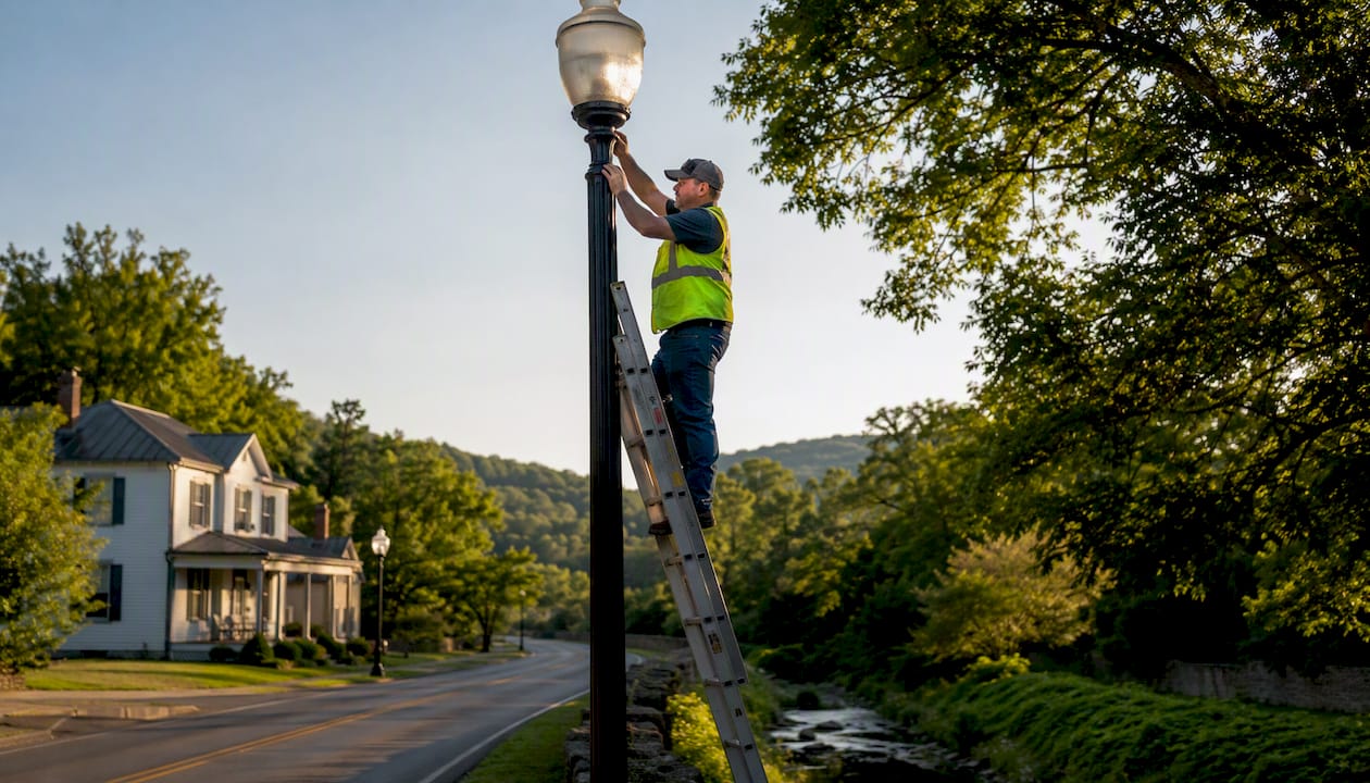 Maintenance worker repairing street light in East Ridge